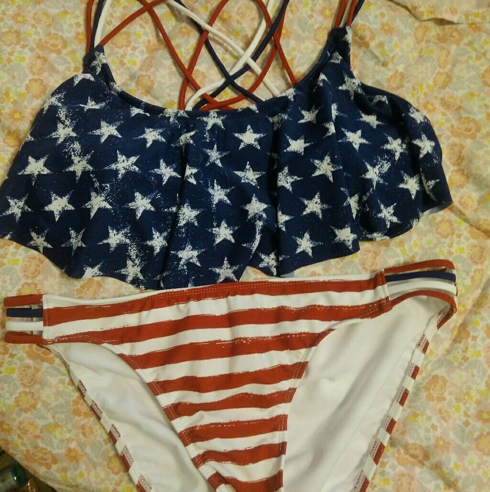 Bikini with American Flag elements and ruffle